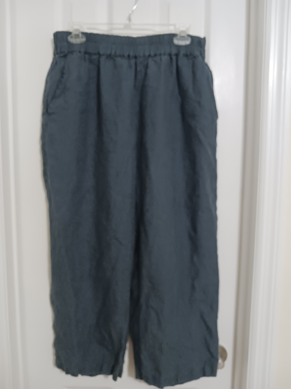Wide Leg Women's Linen Pants  Elastic Waist in Dk Olive Green Pockets